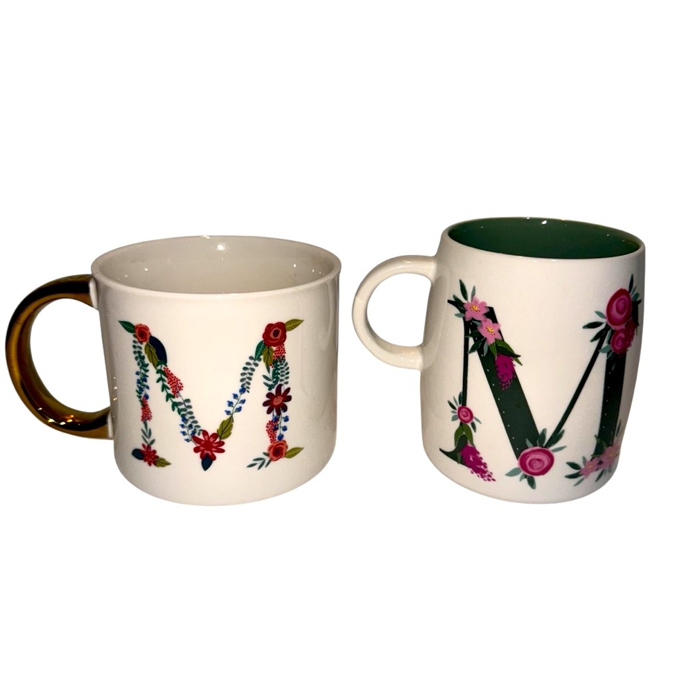 Floral Initial “M” Mugs with Gold and Green Accents- Set of 2